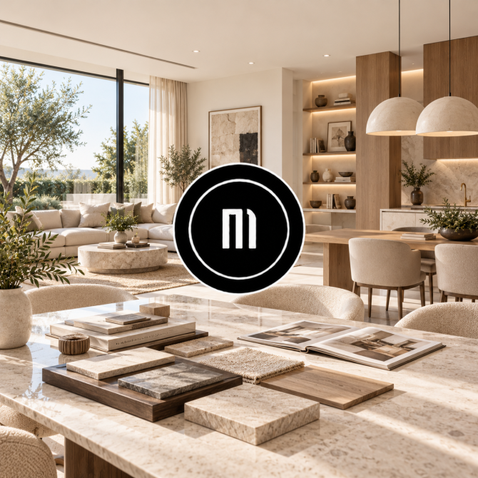 Interior minimalista con muestras de diseño